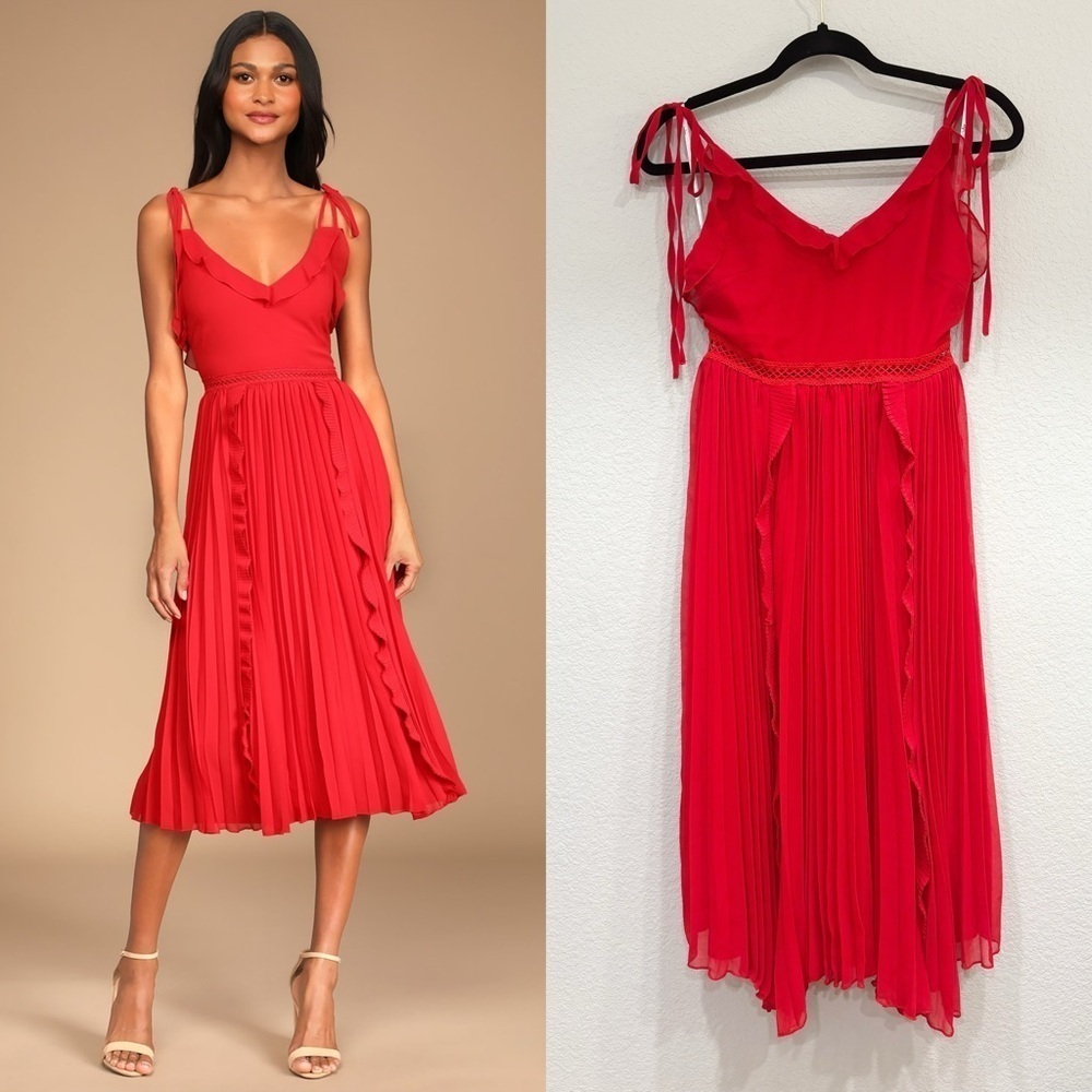 Size XS Lulus Never a Dull Moment Bright Red Tie-Strap Pleated Midi Dress